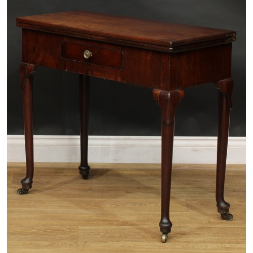 1734 - A George II mahogany tea table, hinged rectangular top above a single frieze drawer, straightened ca... 