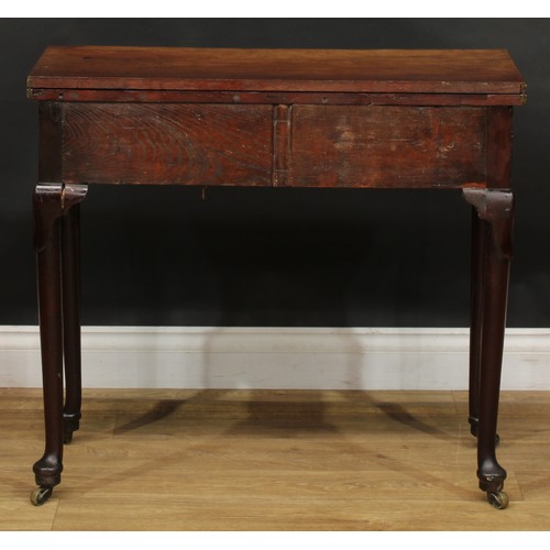 1734 - A George II mahogany tea table, hinged rectangular top above a single frieze drawer, straightened ca... 