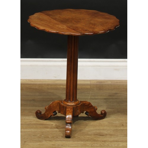 1640 - A 19th century walnut and satin birch tripod wine table, shaped circular top, fluted column, cabriol... 