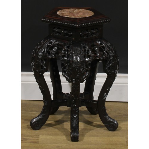 2025 - A Chinese hardwood jardiniere stand, pentagonal top with beaded border and inset marble panel, shape... 