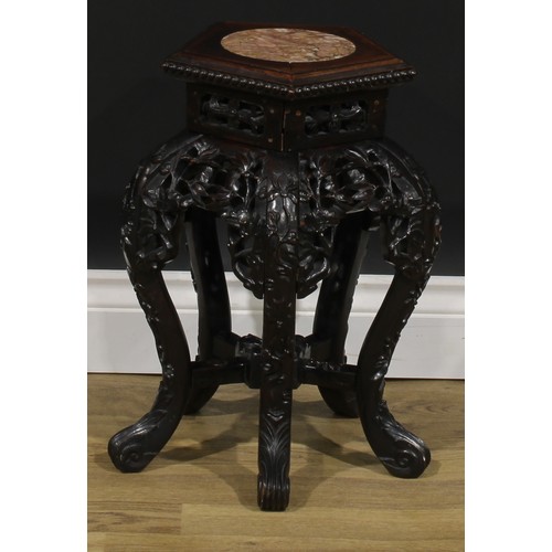 2025 - A Chinese hardwood jardiniere stand, pentagonal top with beaded border and inset marble panel, shape... 