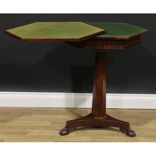 1630 - A 19th century mahogany hexagonal pedestal rent table, by Holland & Sons Ltd, badged, pivot-sliding ... 