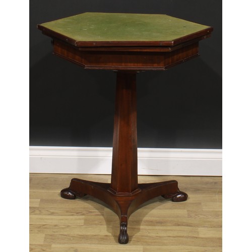 1630 - A 19th century mahogany hexagonal pedestal rent table, by Holland & Sons Ltd, badged, pivot-sliding ... 