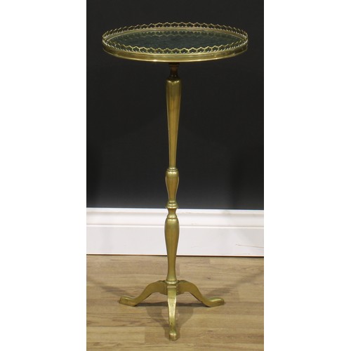 2334 - An early 20th century brass and marble tripod wine table, circular top with pierced gallery, cabriol... 