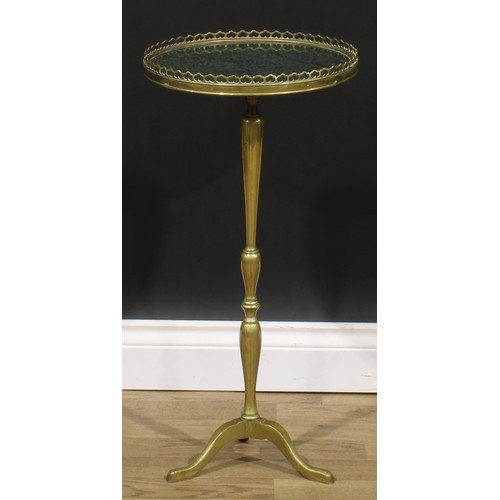 2334 - An early 20th century brass and marble tripod wine table, circular top with pierced gallery, cabriol... 