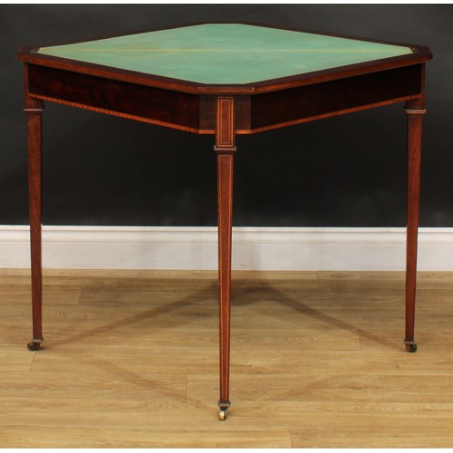 2063 - An unusual Sheraton Revival satinwood banded mahogany canted triform card table, hinged top enclosin... 