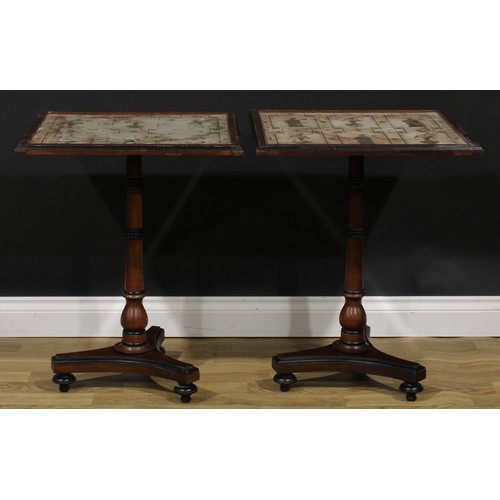 2542 - A pair of William IV style parcel-ebonised mahogany occasional tables, each with a square glazed top... 