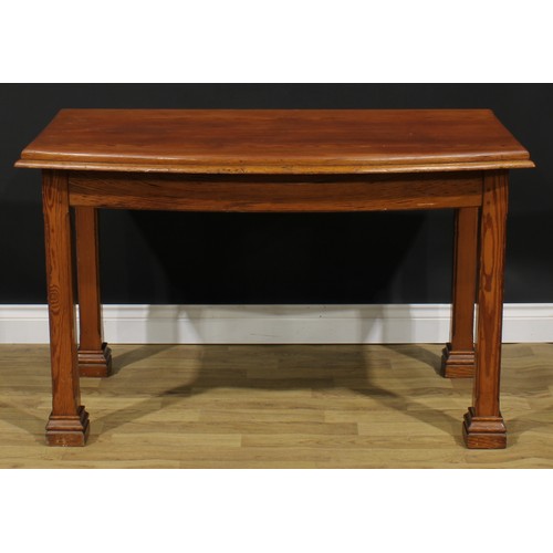 2661 - An Arts & Crafts pitch pine bowfront serving table, oversailing top, concave-chamfered square legs, ... 