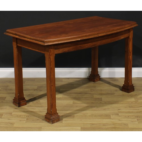 2661 - An Arts & Crafts pitch pine bowfront serving table, oversailing top, concave-chamfered square legs, ... 