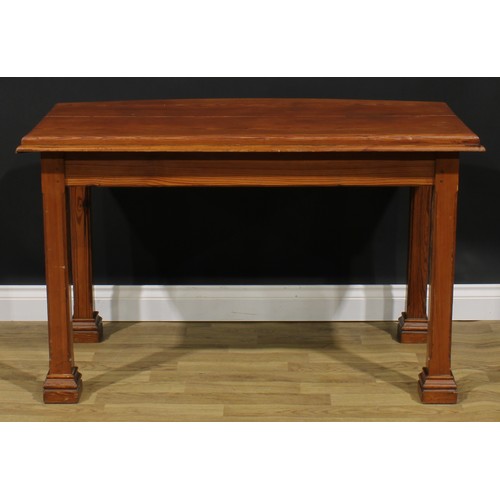 2661 - An Arts & Crafts pitch pine bowfront serving table, oversailing top, concave-chamfered square legs, ... 