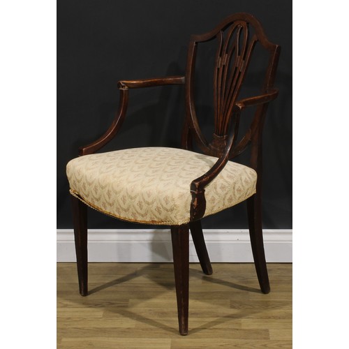 1798 - A George III mahogany Hepplewhite design elbow chair, 92.5cm high, 61cm wide, the seat 52.5cm wide a... 