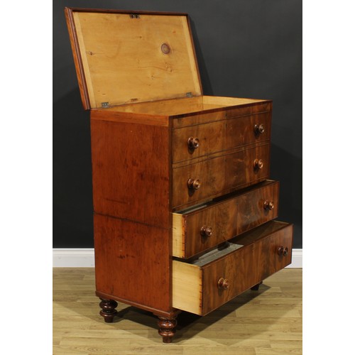 2401 - An unusual early Victorian mahogany chest, hinged top above two blind and two long cockbeaded drawer... 