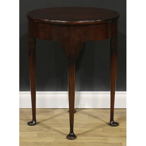 1738 - A George II Revival mahogany demilune tea table, of small proportions, hinged top above a deep friez... 