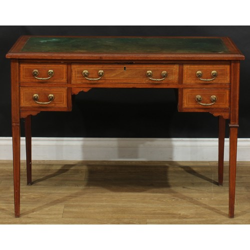 2391 - An Edwardian satinwood crossbanded mahogany writing table, rectangular top with inset tooled and gil... 