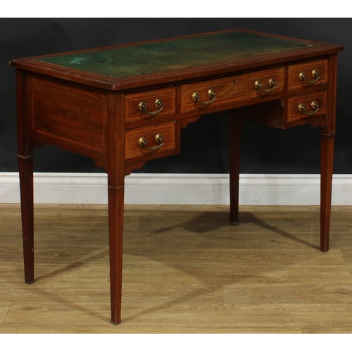 2391 - An Edwardian satinwood crossbanded mahogany writing table, rectangular top with inset tooled and gil... 