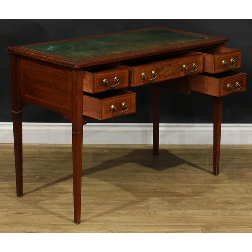 2391 - An Edwardian satinwood crossbanded mahogany writing table, rectangular top with inset tooled and gil... 