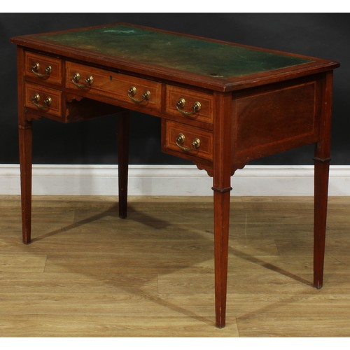 2391 - An Edwardian satinwood crossbanded mahogany writing table, rectangular top with inset tooled and gil... 