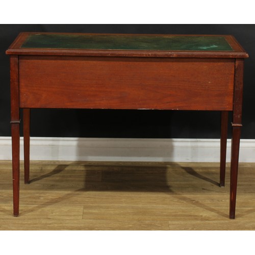 2391 - An Edwardian satinwood crossbanded mahogany writing table, rectangular top with inset tooled and gil... 