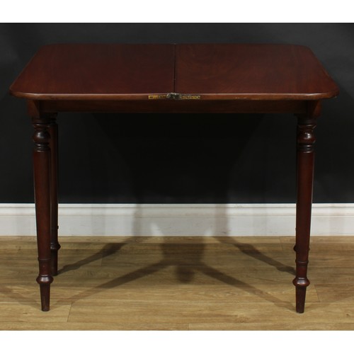 2486 - A George IV mahogany D-shaped tea table, hinged top above a deep frieze, turned legs, 76cm high, 93c... 