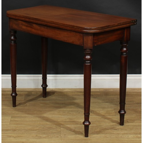 2486 - A George IV mahogany D-shaped tea table, hinged top above a deep frieze, turned legs, 76cm high, 93c... 