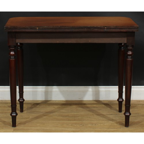 2486 - A George IV mahogany D-shaped tea table, hinged top above a deep frieze, turned legs, 76cm high, 93c... 