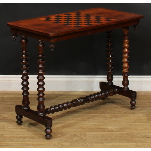 2284 - A Victorian walnut and parquetry rounded rectangular games table, crossbanded top inlaid for chess, ... 