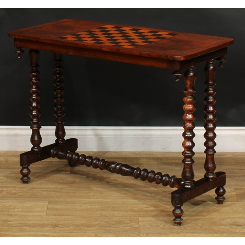 2284 - A Victorian walnut and parquetry rounded rectangular games table, crossbanded top inlaid for chess, ... 