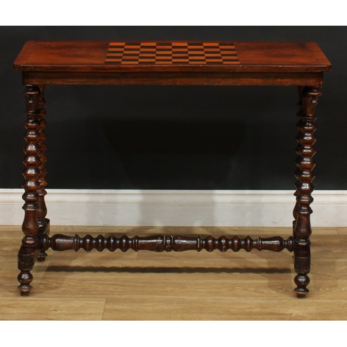 2284 - A Victorian walnut and parquetry rounded rectangular games table, crossbanded top inlaid for chess, ... 