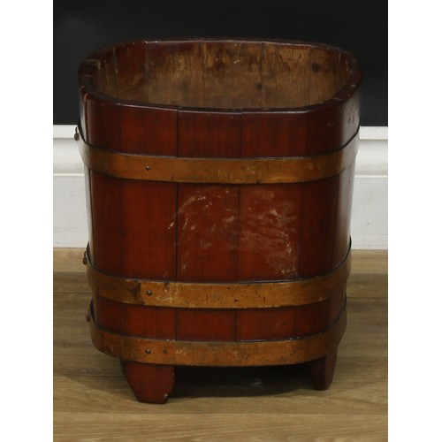 2337 - An early 20th century coopered teak jardiniere, by Tubs For Shrubs, London, RD 431865, 27.5cm high, ... 