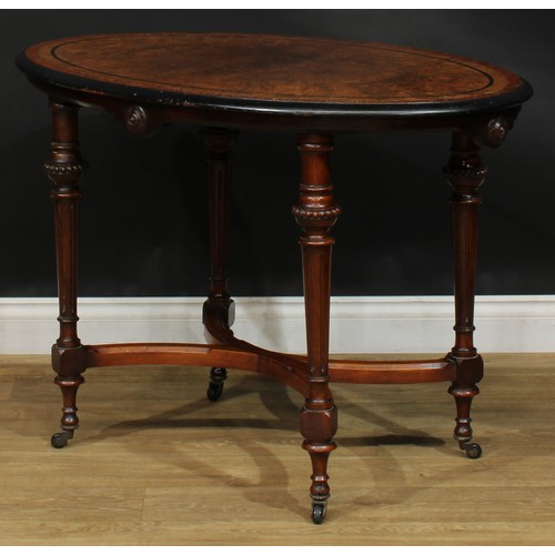 2576 - A Victorian Aesthetic Movement amboyna banded walnut and parcel-ebonised centre table, oval top, flu... 