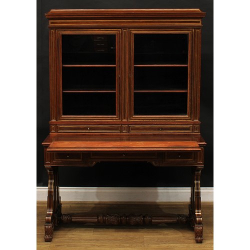 2514 - A Louis Philippe rosewood and brass marquetry library writing side cabinet, concave moulded top abov... 