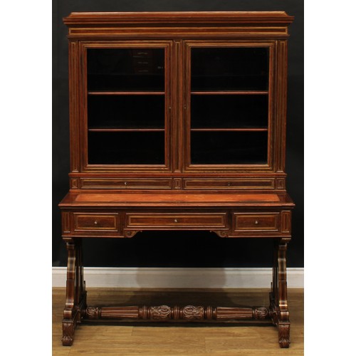 2514 - A Louis Philippe rosewood and brass marquetry library writing side cabinet, concave moulded top abov... 