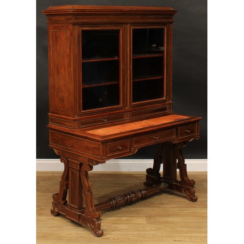 2514 - A Louis Philippe rosewood and brass marquetry library writing side cabinet, concave moulded top abov... 