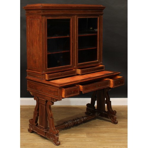 2514 - A Louis Philippe rosewood and brass marquetry library writing side cabinet, concave moulded top abov... 