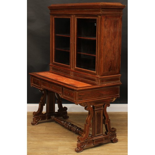 2514 - A Louis Philippe rosewood and brass marquetry library writing side cabinet, concave moulded top abov... 