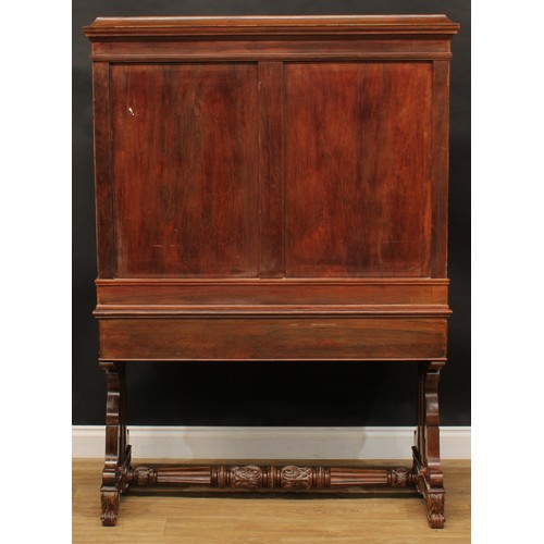 2514 - A Louis Philippe rosewood and brass marquetry library writing side cabinet, concave moulded top abov... 