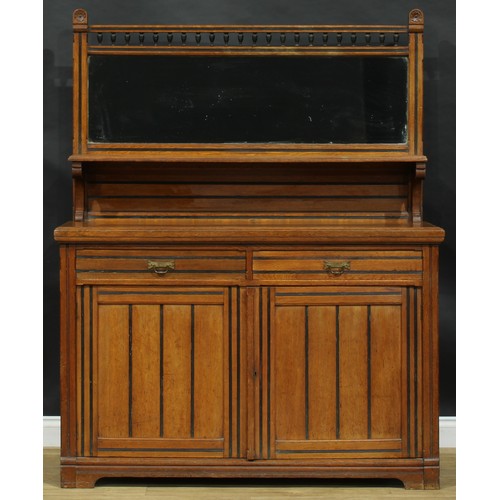 1841 - A late Victorian Aesthetic Movement oak side cabinet, spindle gallery flanked by domed finials carve... 