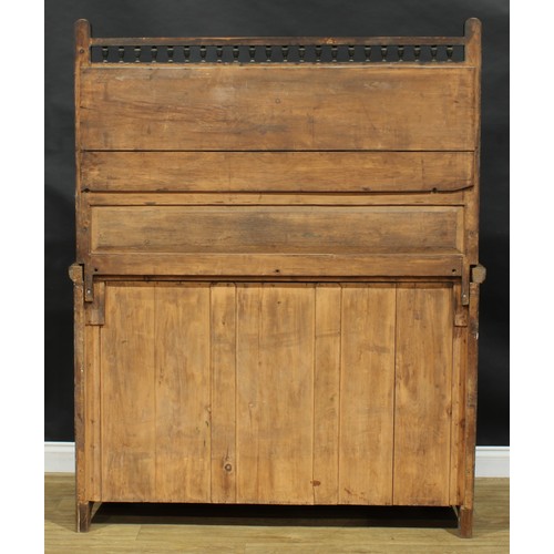 1841 - A late Victorian Aesthetic Movement oak side cabinet, spindle gallery flanked by domed finials carve... 