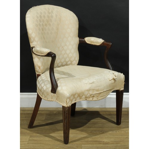 1593 - A 19th century French Hepplewhite design mahogany elbow chair, stuffed-over upholstery, tapered squa... 