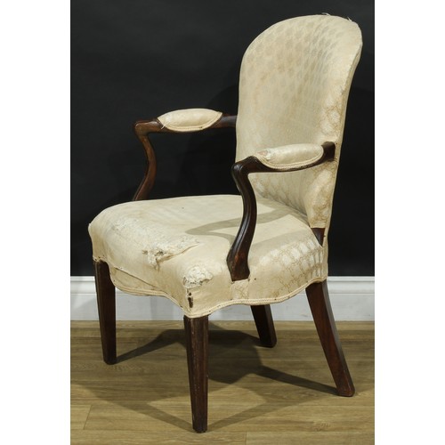 1593 - A 19th century French Hepplewhite design mahogany elbow chair, stuffed-over upholstery, tapered squa... 