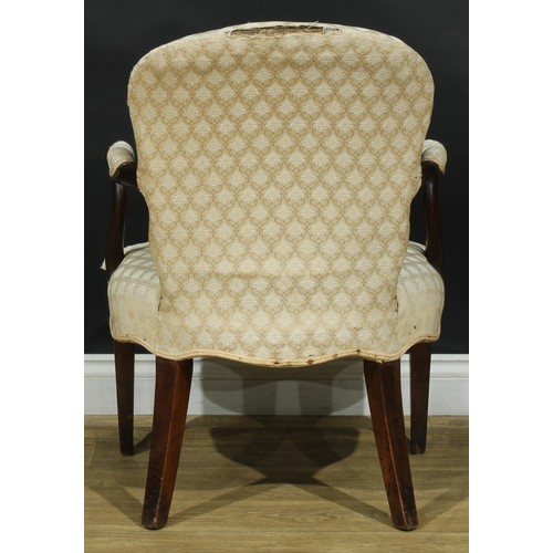 1593 - A 19th century French Hepplewhite design mahogany elbow chair, stuffed-over upholstery, tapered squa... 