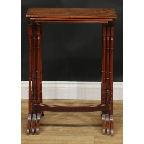 2125 - A George III Revival burr yew nest of three occasional tables, the tops outlined with boxwood string... 