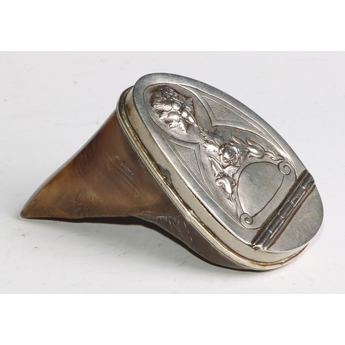 2165 - A 19th century silver coloured metal mounted cattle hoof snuff box, hinged cover chased flowers, fru... 