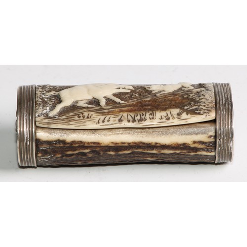 2167 - A 19th century silver coloured metal mounted stag’s antler snuff or tobacco box, hinged cover carved... 