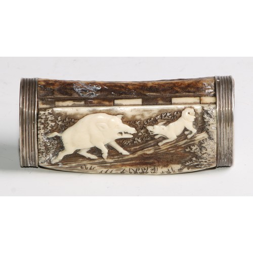 2167 - A 19th century silver coloured metal mounted stag’s antler snuff or tobacco box, hinged cover carved... 