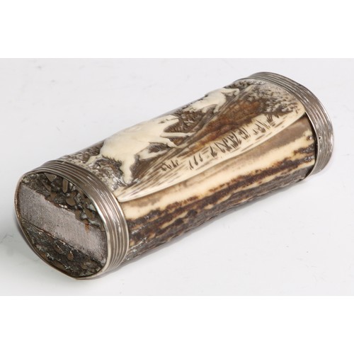 2167 - A 19th century silver coloured metal mounted stag’s antler snuff or tobacco box, hinged cover carved... 