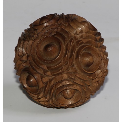 2170 - A 19th century treen puzzle ball snuff box, turned throughout with concentric circles, 5cm diam