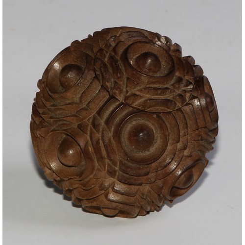 2170 - A 19th century treen puzzle ball snuff box, turned throughout with concentric circles, 5cm diam