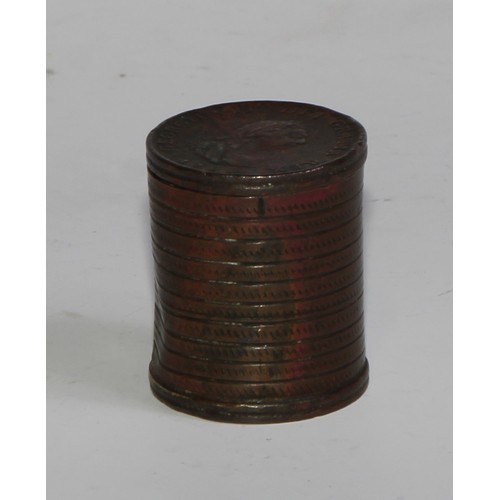 2159 - A 19th century numismatical novelty counter box, formed of a stack of 1799 copper half penny coins, ... 