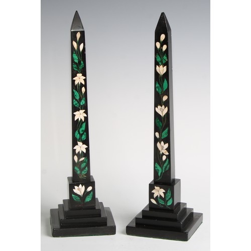 2320 - A pair of 19th century Derbyshire Ashford marble obelisks, inlaid in malachite and specimen stone wi... 